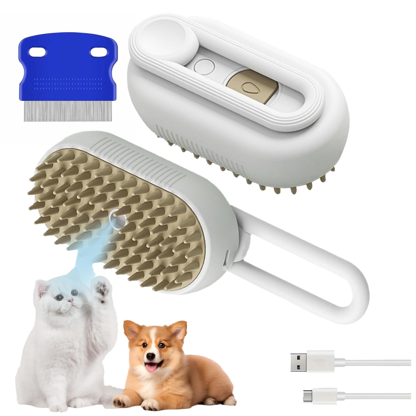 Fido Fave 2-in-1 Pet Grooming Kit – Cat Steam Brush with Spray & Contoured Grip Flea Comb for Dogs and Cats – Hair Removal, Cleaning & Flea Control for Long & Short Haired Pets