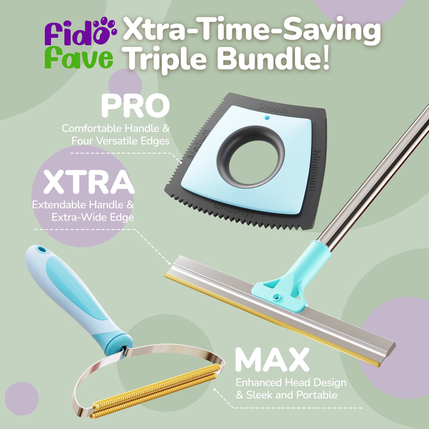Fido Fave Pro Dog Hair Remover Bundle with Max Carpet Brush for Couch & Xtra Pet Hair Remover for Carpet, Cat Hair Remover for Rugs, Ultimate Fur Riccane Survival Kit