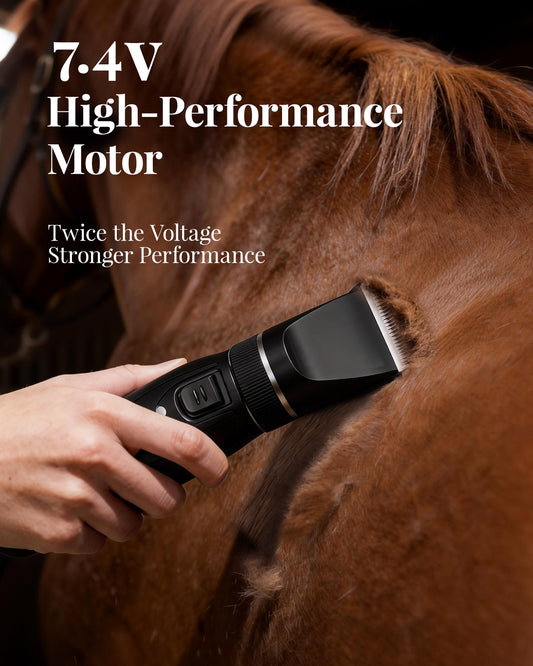 Cordless Horse Clippers for Thick & Matted Coats, 7.4V Powerful Low-Noise Grooming Clippers, Detachable Stainless Steel Blade, Long-Lasting Battery Shaver Kit with 4 Guide Combs