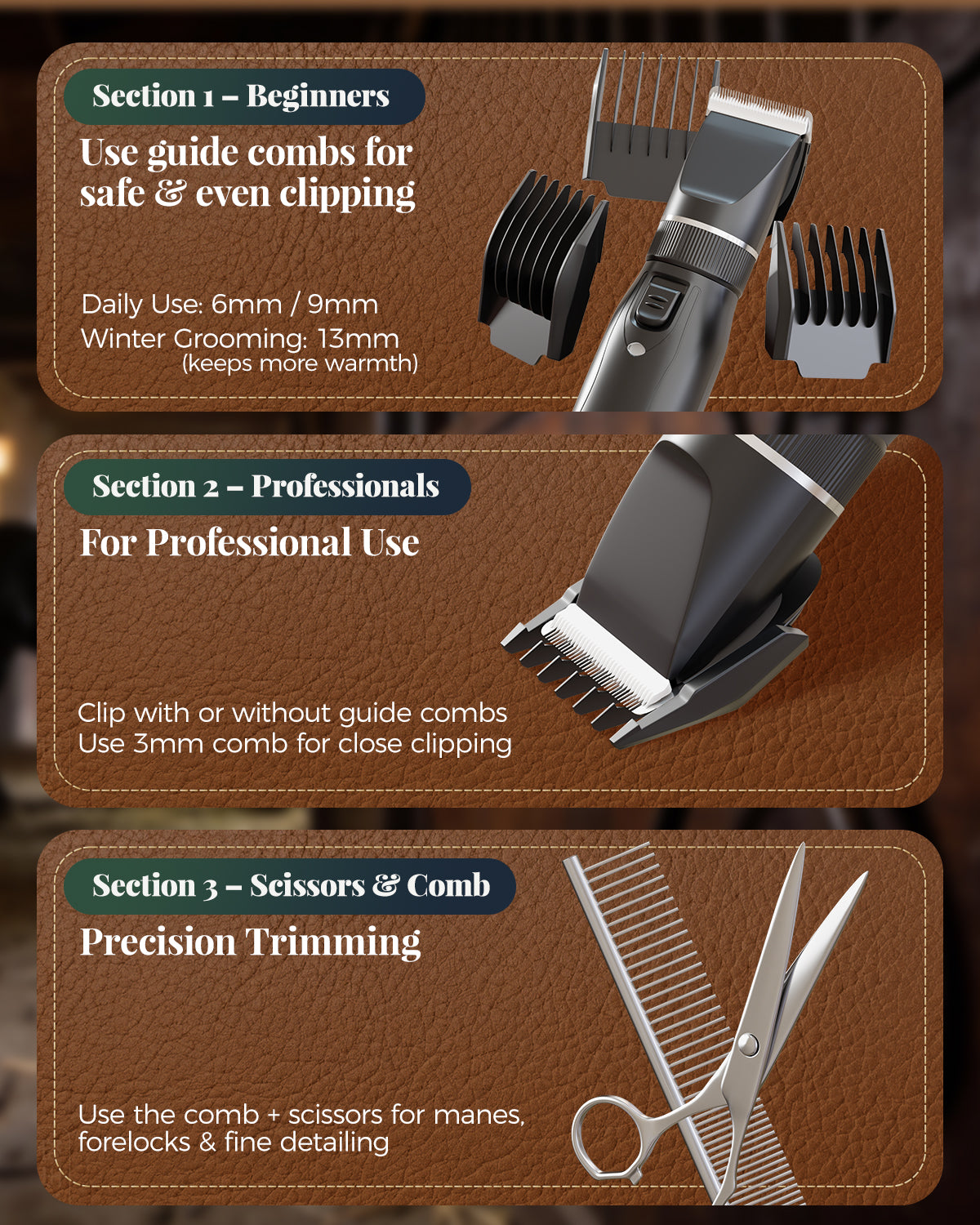 Cordless Horse Clippers for Thick & Matted Coats, 7.4V Powerful Low-Noise Grooming Clippers, Detachable Stainless Steel Blade, Long-Lasting Battery Shaver Kit with 4 Guide Combs