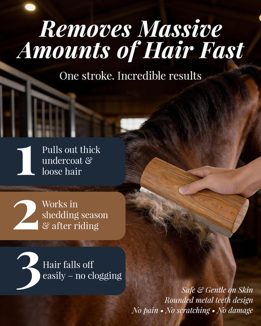 Horse Deshedding Grooming Tool – Wooden Handle Shedding Comb for Horses & Livestock | Heavy-Duty Horse Brush for Removing Loose Hair, Dirt & Dander | Smooth Grip, Fast & Efficient Grooming | 7.87 inch