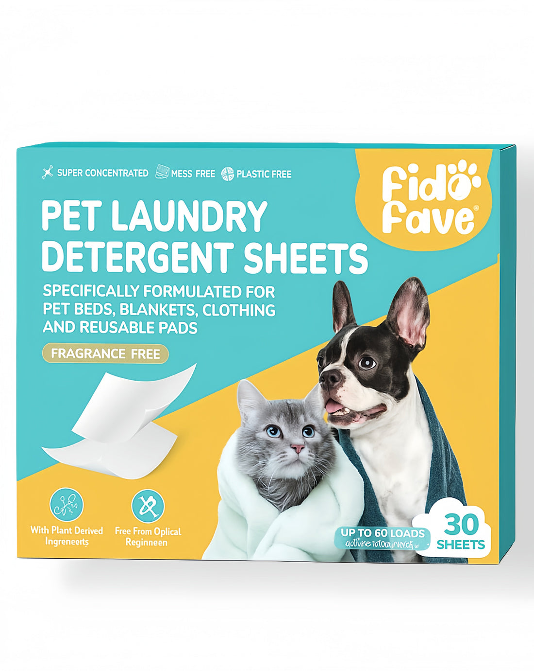 Fido Fave pet laundry detergent sheets, enzyme formula for pet odor removal