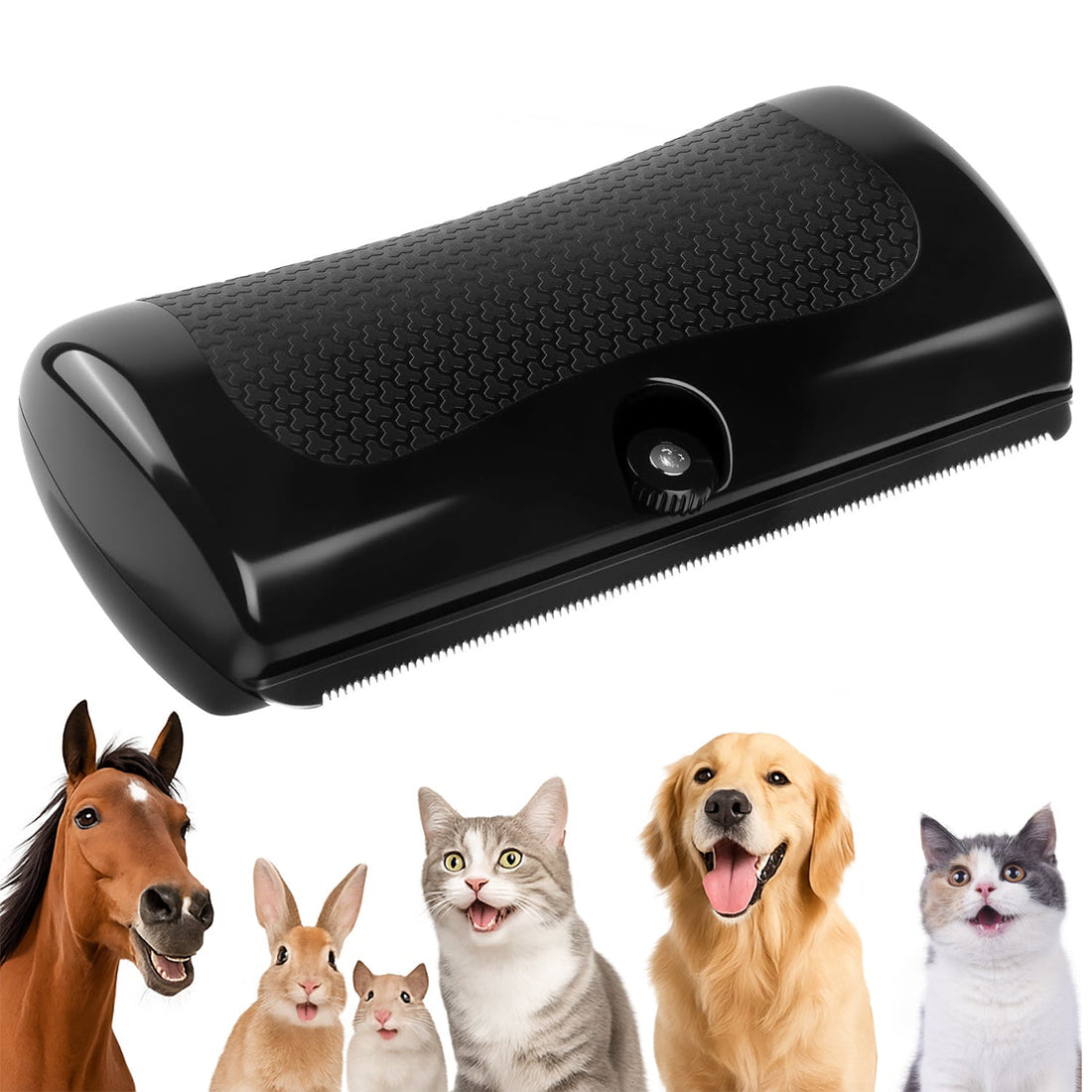 Black handheld deshedding brush with a fine steel toothed edge on white, above a row of animals — a horse, a rabbit, a small rodent, a tabby cat, a golden retriever and a kitten