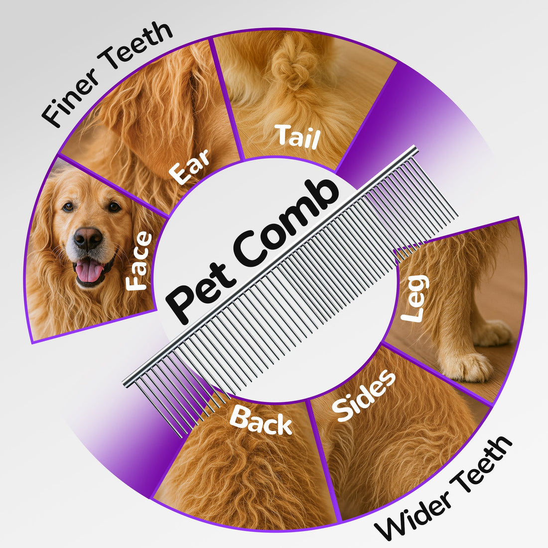 Pet comb graphic labeling face, ear, tail, back, sides, and leg zones