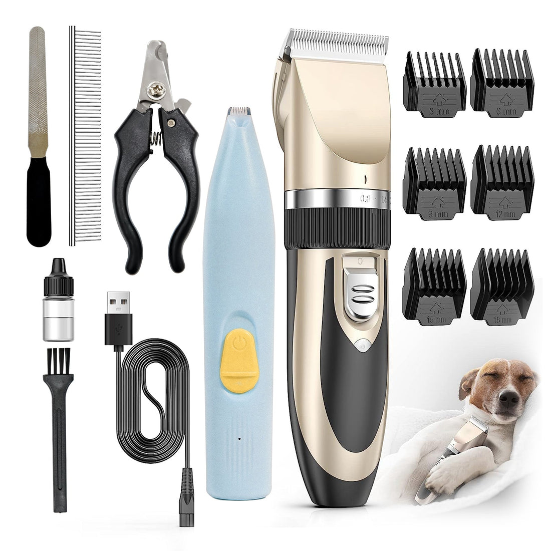 Fido Fave dog grooming starter kit laid out — main clipper, blue paw trimmer, six guide combs, steel comb, nail clipper, file, cleaning brush, oil, and USB cable