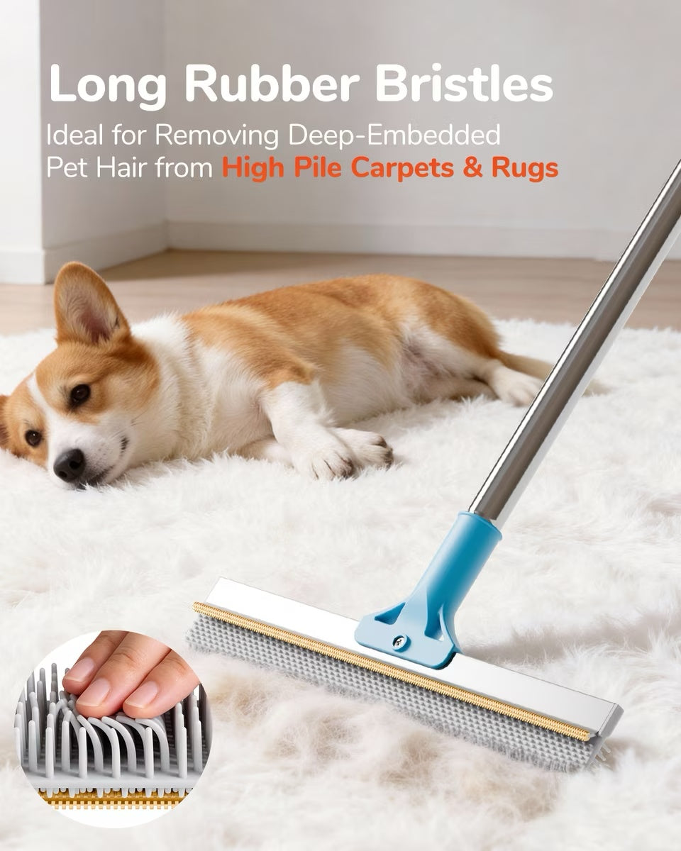 Fido Fave high-pile carpet rake head resting on a thick white shag rug next to a corgi, with an inset close-up of a finger pressing into the extra-long rubber bristles