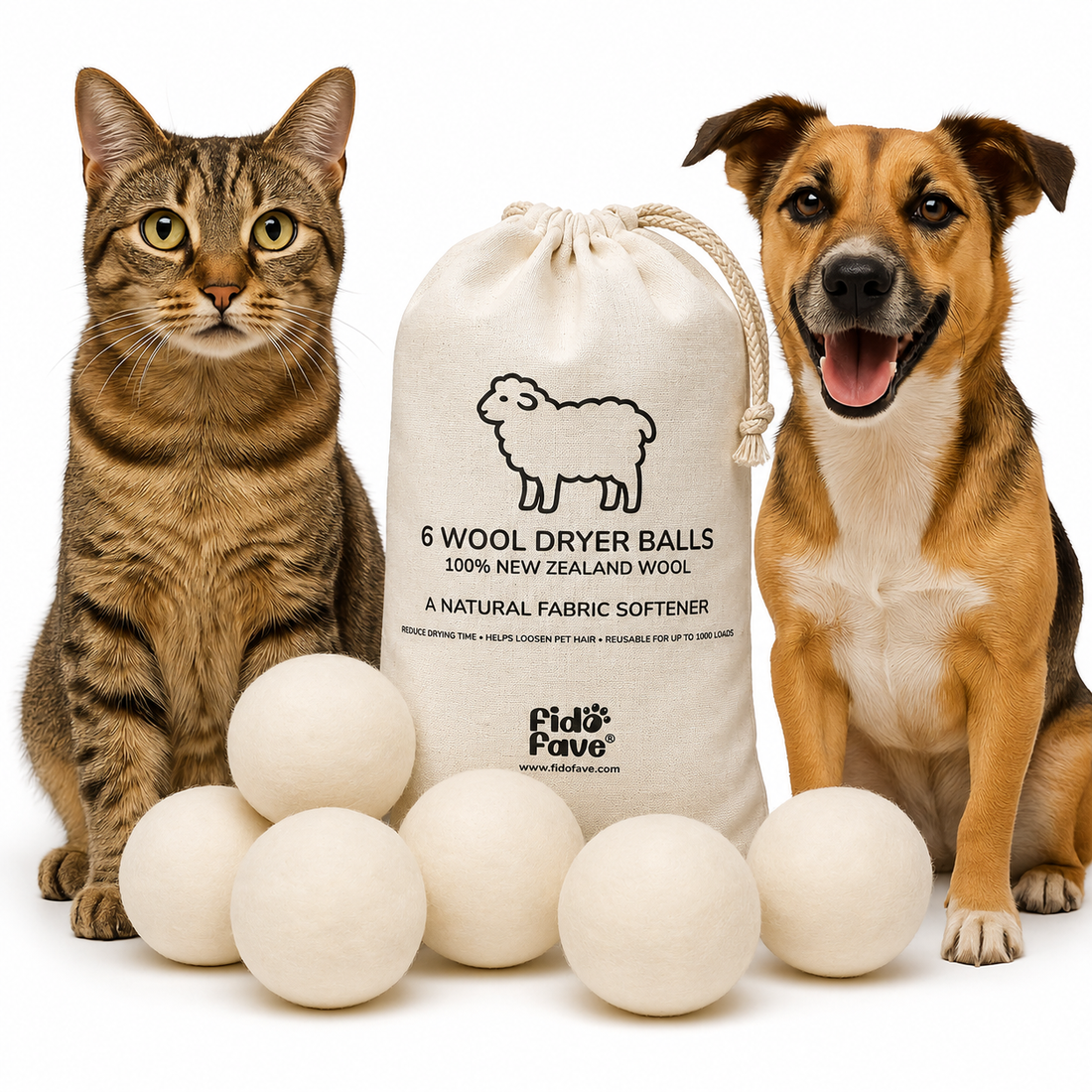 Fido Fave 6-pack wool dryer balls with a cat and a dog