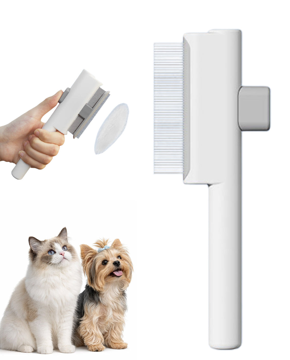 Fido Fave self-cleaning deshedding comb with one-button hair release, white handle