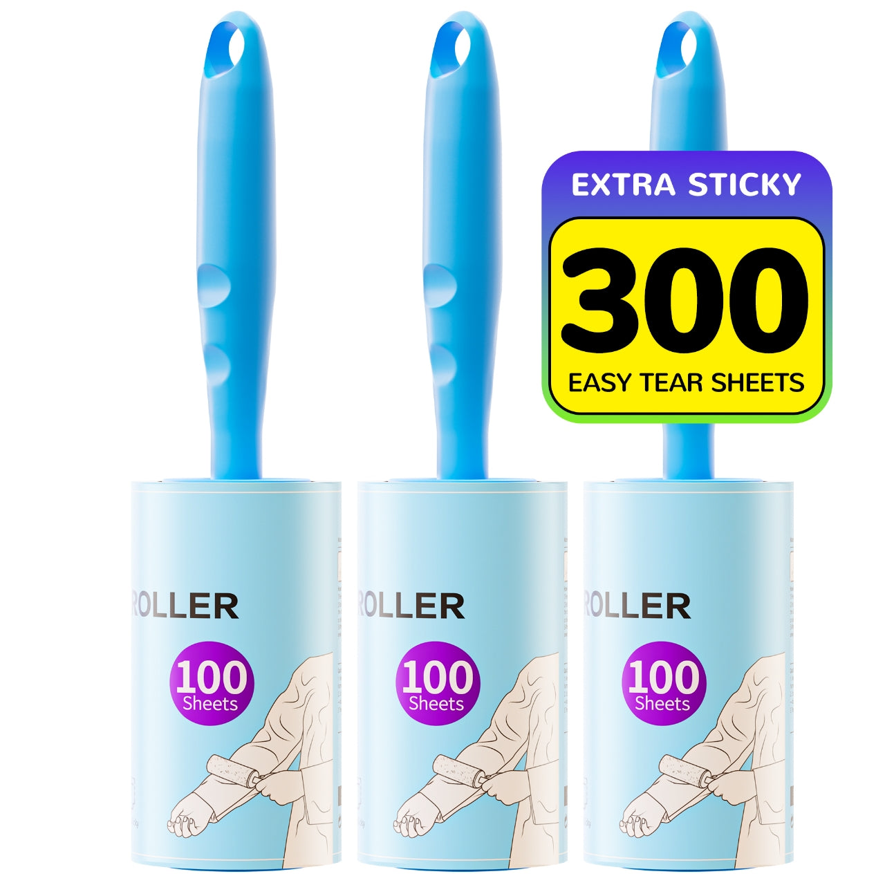 Extra Sticky Lint Roller for Pet Hair – 3 Handles Included – Powerful Pet Hair Remover for Clothes, Furniture & Car – Must-Have Grooming Tool for Dog Owners