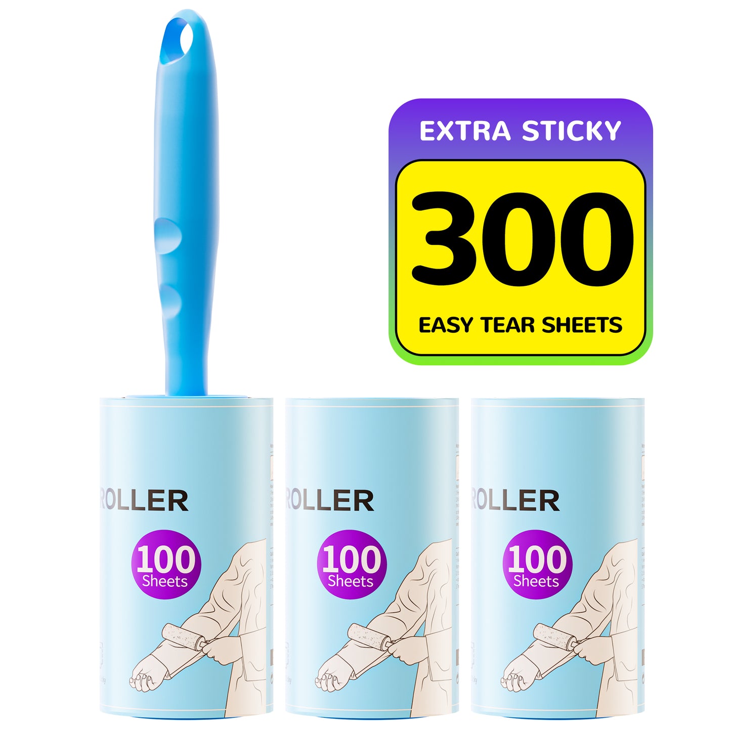 Extra Sticky Lint Roller for Pet Hair – 3 Handles Included – Powerful Pet Hair Remover for Clothes, Furniture & Car – Must-Have Grooming Tool for Dog Owners