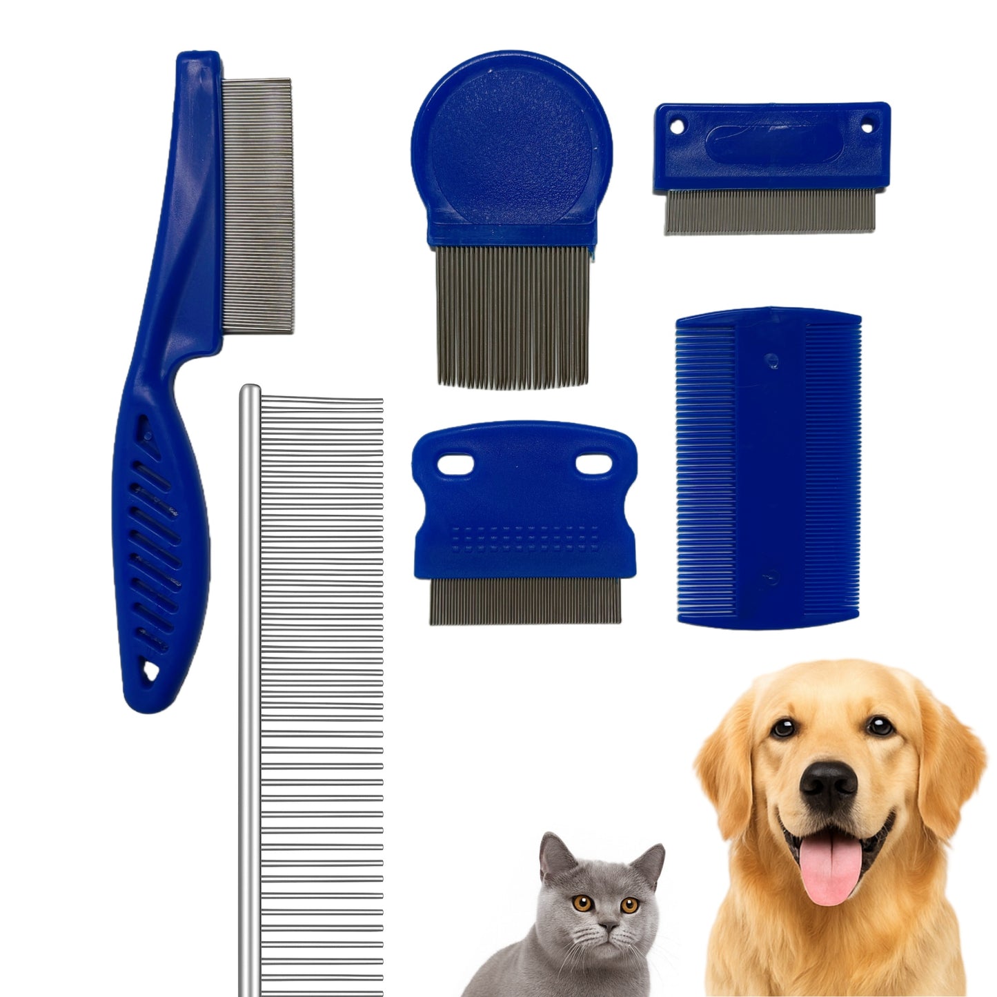 Fido Fave 2-in-1 Pet Grooming Comb Set – 5-Pack Stainless Steel Dog & Cat Combs with Metal Dual-Sided Detangling Comb – Tear Stain Remover, Flea & Lice Grooming for All Coat Types