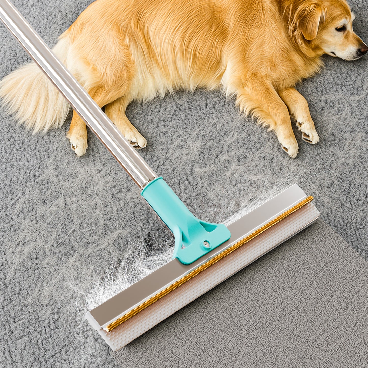 Dual-Sided Pet Hair Removal Carpet Rake – Silicone & Metal Edge Cleaner with Snap-Lock Adjustable Handle – Deep Cleaning Tool for Dog & Cat Hair on Rugs, Carpets & Stairs