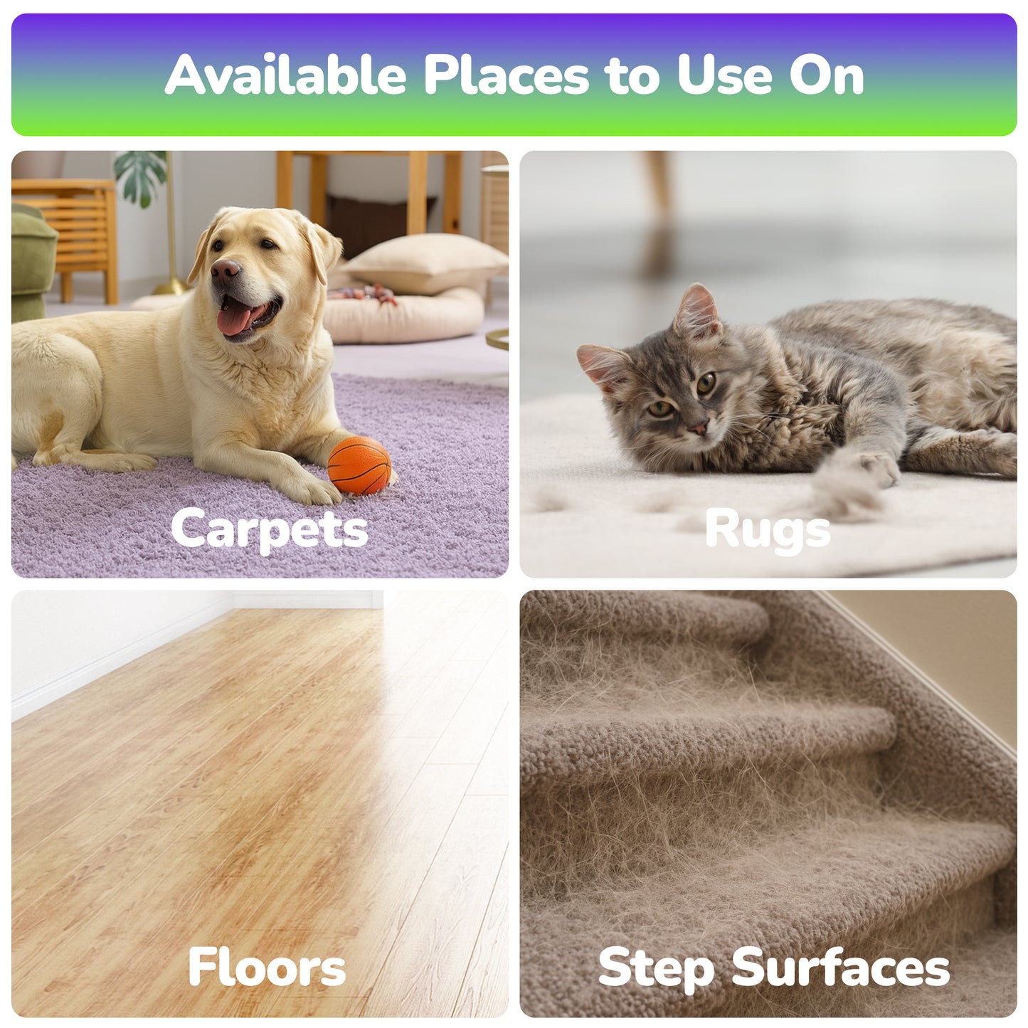 Dual-Sided Pet Hair Removal Carpet Rake – Silicone & Metal Edge Cleaner with Snap-Lock Adjustable Handle – Deep Cleaning Tool for Dog & Cat Hair on Rugs, Carpets & Stairs