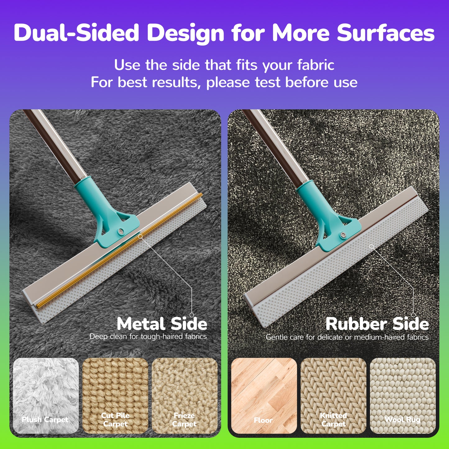 Dual-Sided Pet Hair Removal Carpet Rake – Silicone & Metal Edge Cleaner with Snap-Lock Adjustable Handle – Deep Cleaning Tool for Dog & Cat Hair on Rugs, Carpets & Stairs