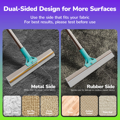 Dual-Sided Pet Hair Removal Carpet Rake – Silicone & Metal Edge Cleaner with Snap-Lock Adjustable Handle – Deep Cleaning Tool for Dog & Cat Hair on Rugs, Carpets & Stairs