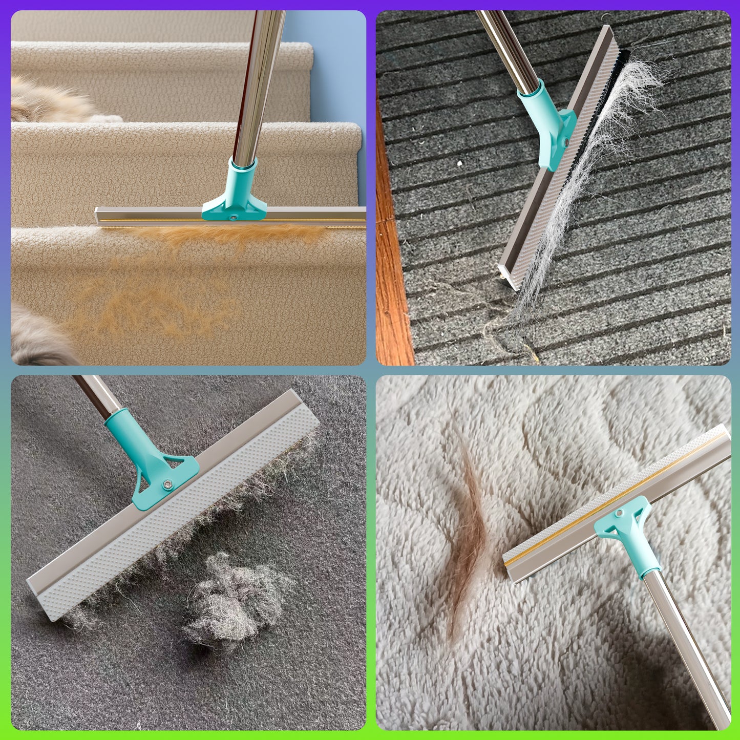 Dual-Sided Pet Hair Removal Carpet Rake – Silicone & Metal Edge Cleaner with Snap-Lock Adjustable Handle – Deep Cleaning Tool for Dog & Cat Hair on Rugs, Carpets & Stairs