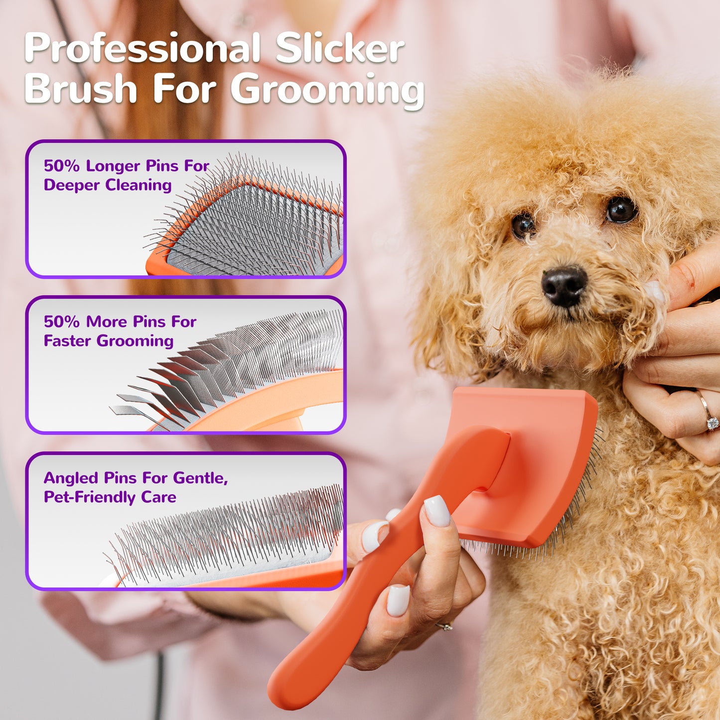 2PCS Slicker Brush for Dogs & Pet Comb,Professional Dog Grooming Brush (Goldendoodles,Poodles,Labradoodles) with Extra Long Pins to Effectively Remove Tangles, Knots and Mats (Pink)
