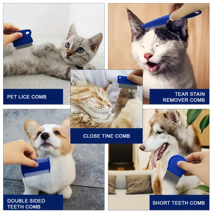 Fido Fave 2-in-1 Pet Grooming Comb Set – 5-Pack Stainless Steel Dog & Cat Combs with Metal Dual-Sided Detangling Comb – Tear Stain Remover, Flea & Lice Grooming for All Coat Types
