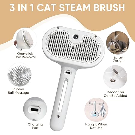 Pet Steam Brush for Dog & Cat, 3 in 1 Pet Spray Hair Removal Comb Rechargeable Steam for Shedding & Grooming Water Brush for Long Short Haired Pets for Removes Loose Hair and Reduces Shedding