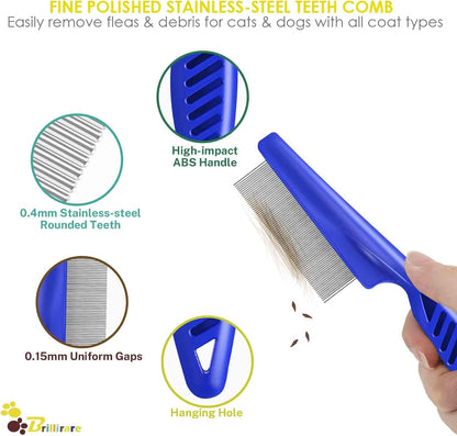 Fido Fave 2-in-1 Pet Grooming Comb Set – 5-Pack Stainless Steel Dog & Cat Combs with Metal Dual-Sided Detangling Comb – Tear Stain Remover, Flea & Lice Grooming for All Coat Types