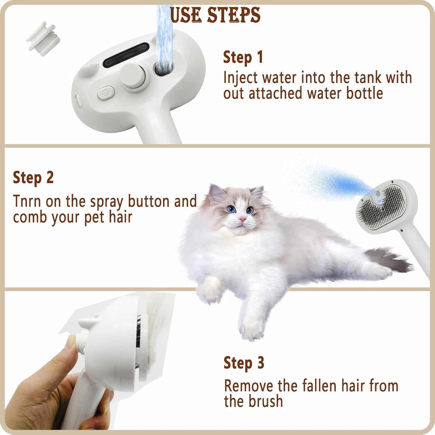 Pet Steam Brush for Dog & Cat, 3 in 1 Pet Spray Hair Removal Comb Rechargeable Steam for Shedding & Grooming Water Brush for Long Short Haired Pets for Removes Loose Hair and Reduces Shedding