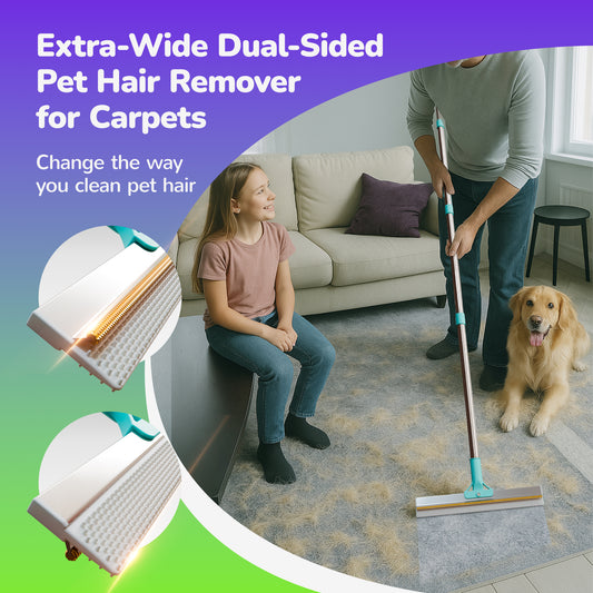 Dual-Sided Pet Hair Removal Carpet Rake with Extended Silicone & Metal Edge, Snap-Lock Adjustable Handle, Deep Cleaning Tool for Dog & Cat Hair on Rugs, High-Pile Carpets & Stairs