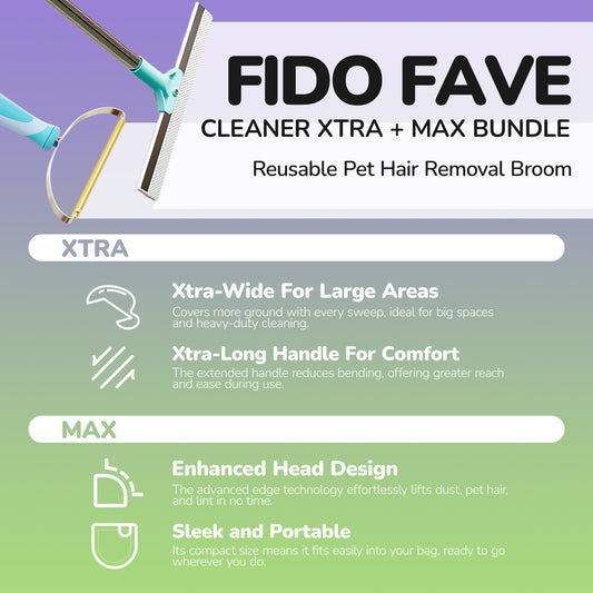 Fido Fave Xtra Dual-Sided Carpet Rake & Max Dog Hair Scraper Pet Hair Remover Bundle