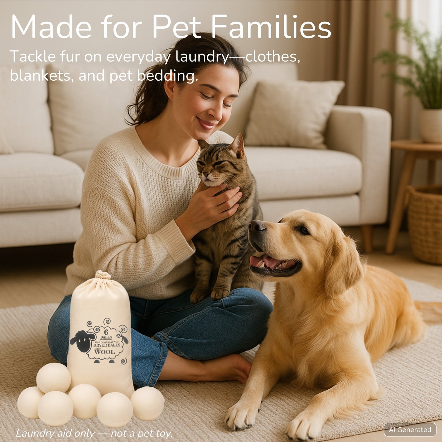 Wool Dryer Balls for Pet Hair — 100% New Zealand Wool, 6-Pack
