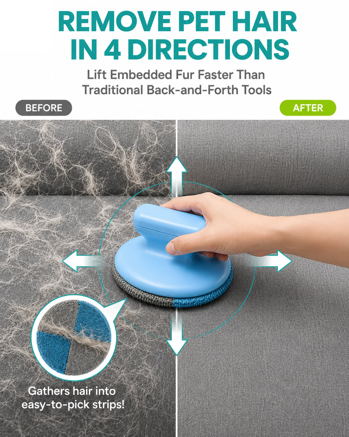 Fido Fave 4-Way Pet Hair Removal Tool with Built-In Reusable Gel Lint Roller, Circular Dog & Cat Hair Remover Brush for Car Detailing, Couch, Carpet, Furniture & Lint