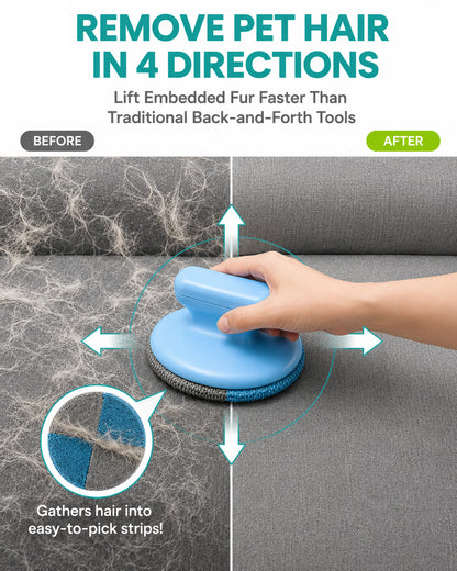 Fido Fave 4-Way Pet Hair Removal Tool with Built-In Reusable Gel Lint Roller, Circular Dog & Cat Hair Remover Brush for Car Detailing, Couch, Carpet, Furniture & Lint