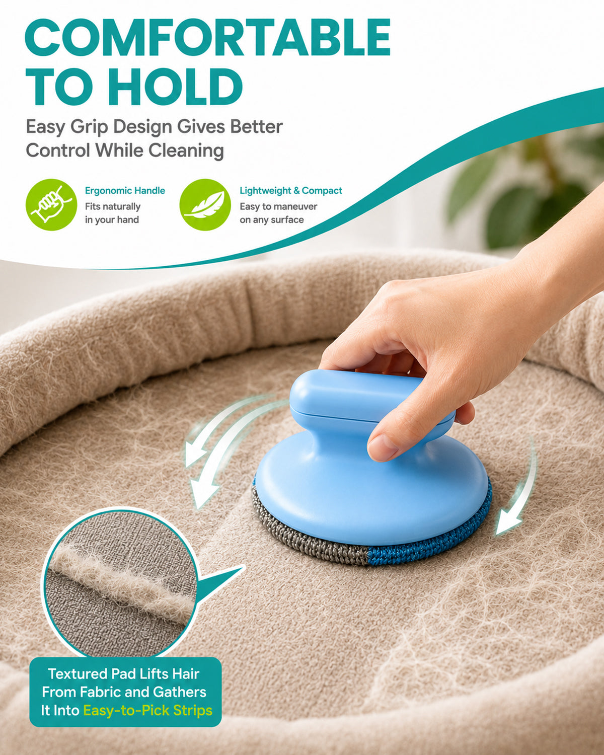 Fido Fave 4-Way Pet Hair Removal Tool with Built-In Reusable Gel Lint Roller, Circular Dog & Cat Hair Remover Brush for Car Detailing, Couch, Carpet, Furniture & Lint