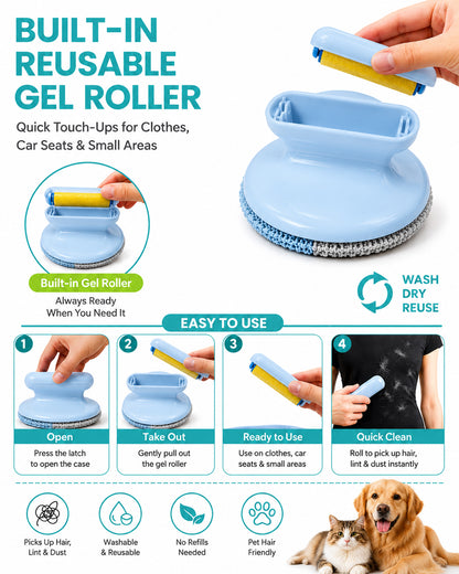 Fido Fave 4-Way Pet Hair Removal Tool with Built-In Reusable Gel Lint Roller, Circular Dog & Cat Hair Remover Brush for Car Detailing, Couch, Carpet, Furniture & Lint