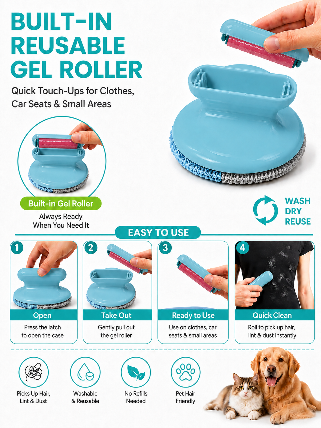 Reusable Pet Hair Remover Brush — Built-In Washable Gel Roller