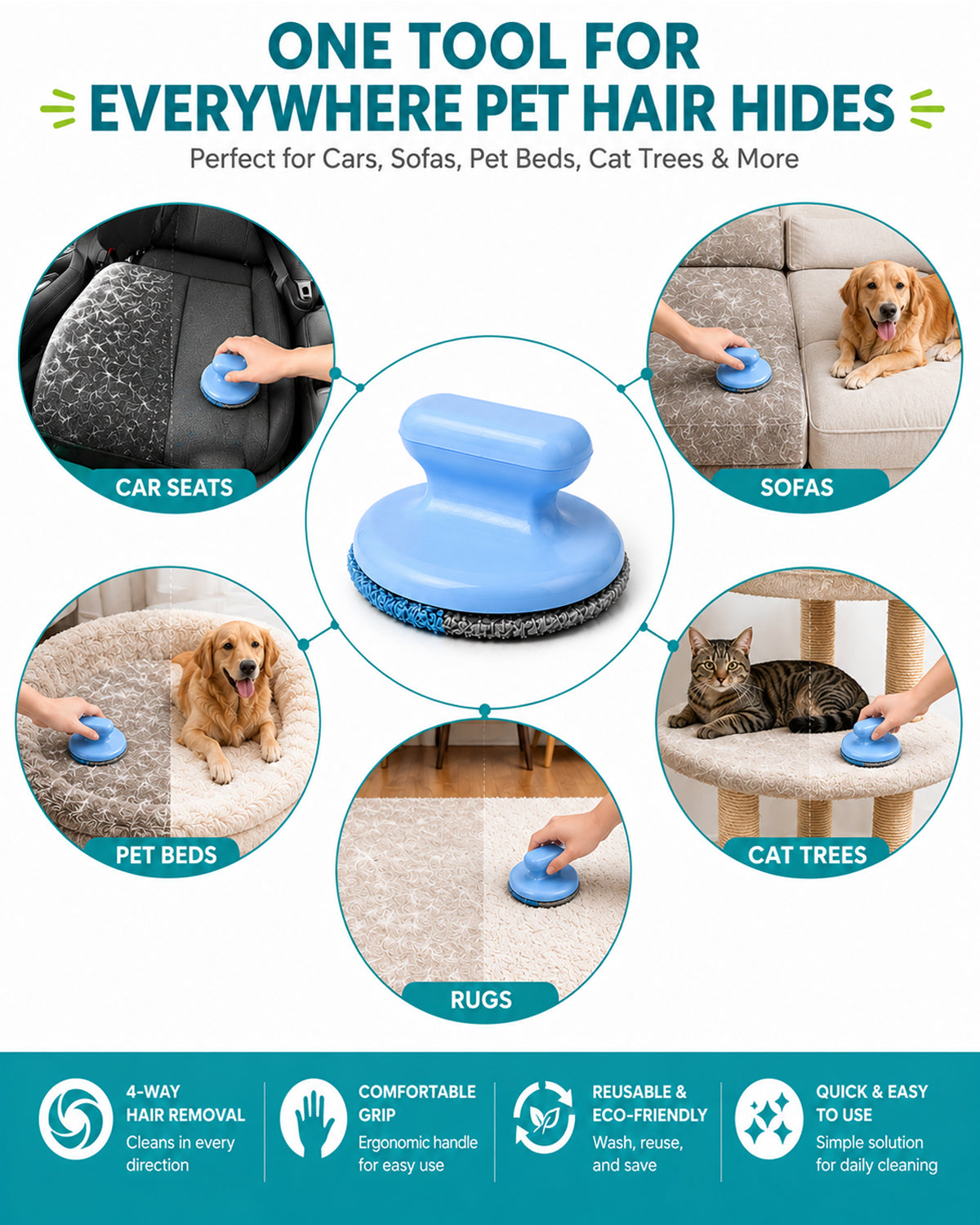 Fido Fave 4-Way Pet Hair Removal Tool with Built-In Reusable Gel Lint Roller, Circular Dog & Cat Hair Remover Brush for Car Detailing, Couch, Carpet, Furniture & Lint