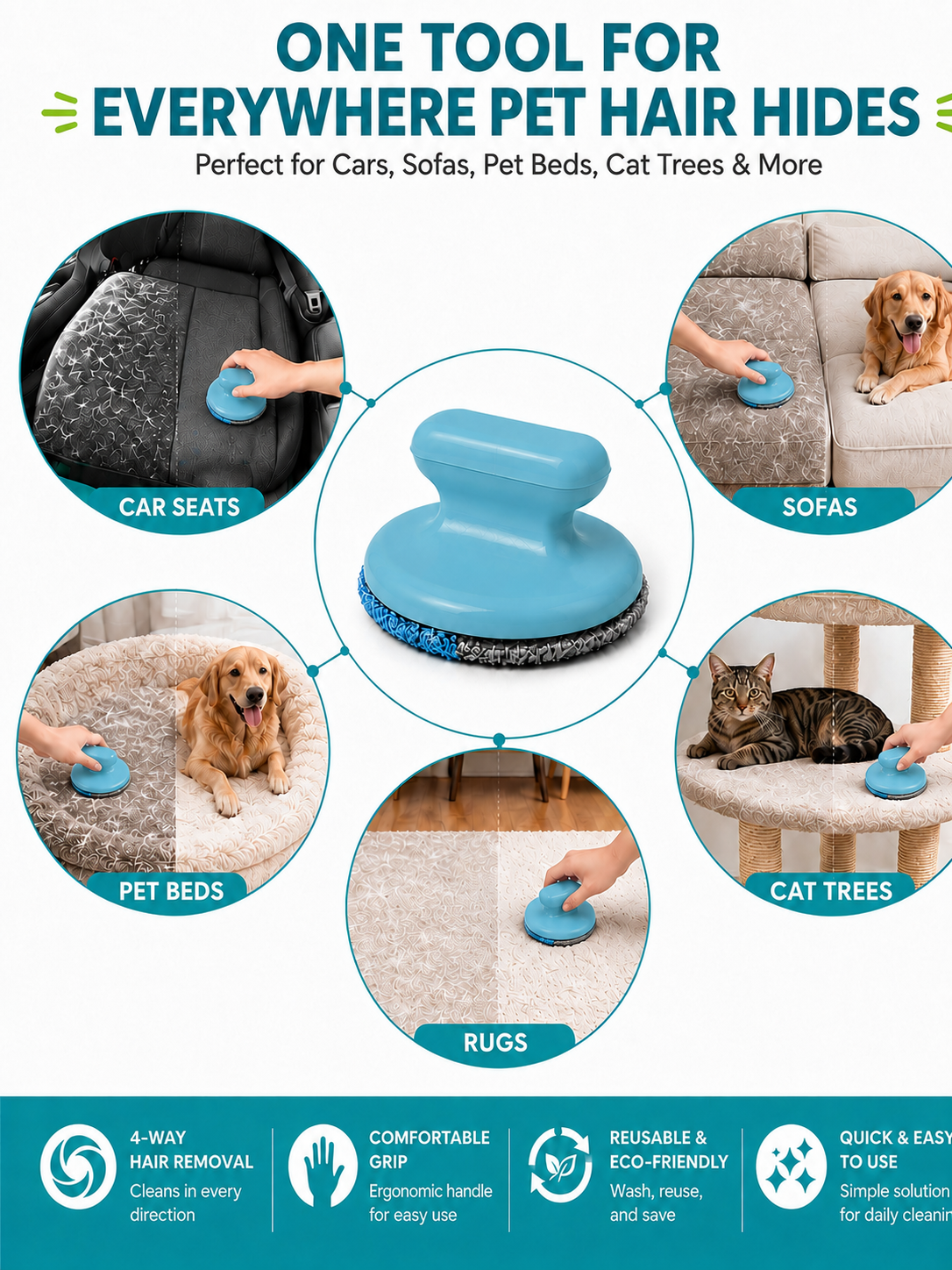 Reusable Pet Hair Remover Brush — Built-In Washable Gel Roller