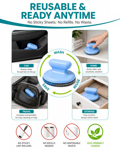 Fido Fave 4-Way Pet Hair Removal Tool with Built-In Reusable Gel Lint Roller, Circular Dog & Cat Hair Remover Brush for Car Detailing, Couch, Carpet, Furniture & Lint