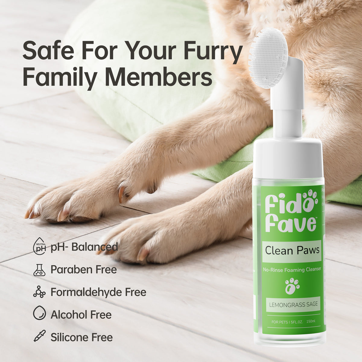 Fido Fave Clean Paws — No-Rinse Foaming Paw Cleanser with Silicone Brush
