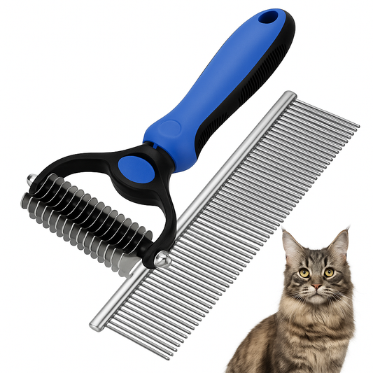 Fido Fave Dog Grooming Brush and Comb Set – Double-Sided Deshedding & Dematting Rake with Stainless Steel Comb for Long-Haired and Thick-Coated Dogs