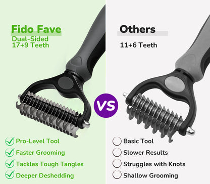 Fido Fave Dog Grooming Brush and Comb Set – Double-Sided Deshedding & Dematting Rake with Stainless Steel Comb for Long-Haired and Thick-Coated Dogs