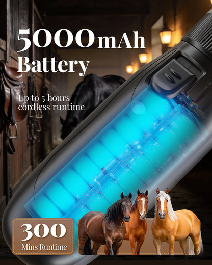 Cordless Horse Clippers for Thick & Matted Coats, 7.4V Powerful Low-Noise Grooming Clippers, Detachable Stainless Steel Blade, Long-Lasting Battery Shaver Kit with 4 Guide Combs