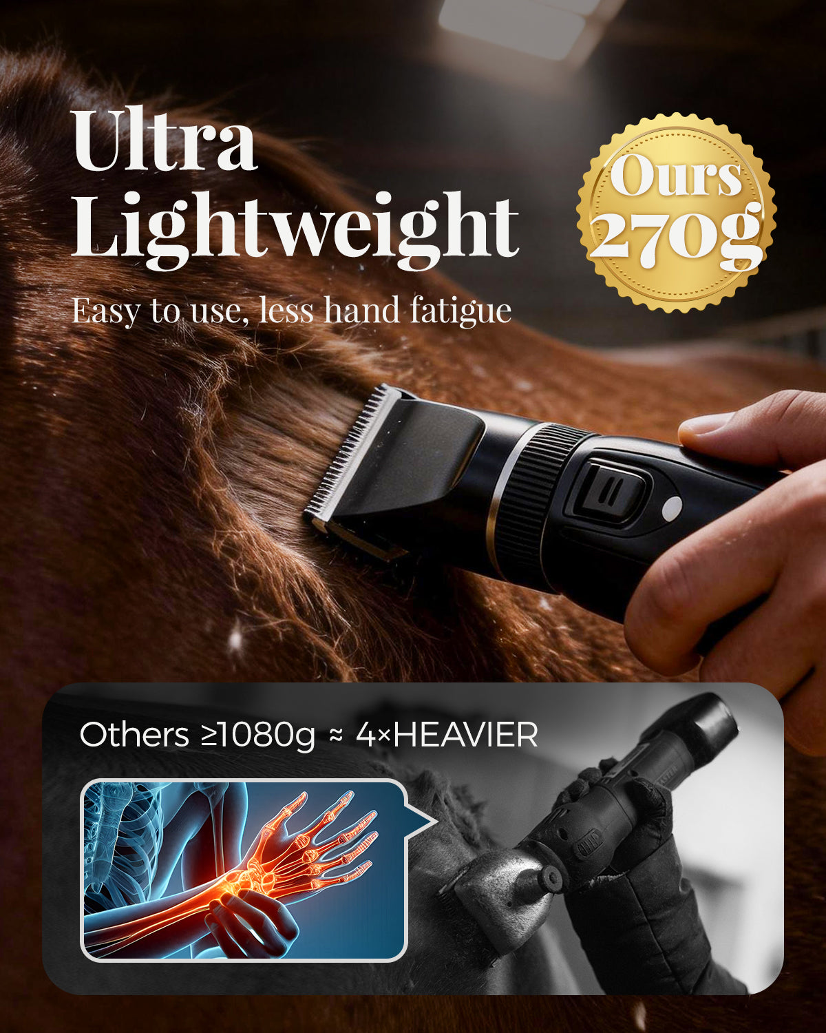 Cordless Horse Clippers for Thick & Matted Coats, 7.4V Powerful Low-Noise Grooming Clippers, Detachable Stainless Steel Blade, Long-Lasting Battery Shaver Kit with 4 Guide Combs