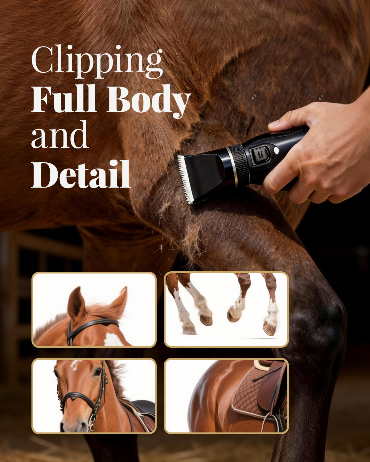 Cordless Horse Clippers for Thick & Matted Coats, 7.4V Powerful Low-Noise Grooming Clippers, Detachable Stainless Steel Blade, Long-Lasting Battery Shaver Kit with 4 Guide Combs