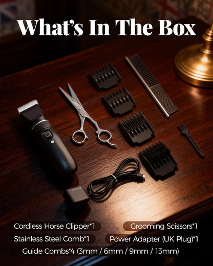 Cordless Horse Clippers for Thick & Matted Coats, 7.4V Powerful Low-Noise Grooming Clippers, Detachable Stainless Steel Blade, Long-Lasting Battery Shaver Kit with 4 Guide Combs