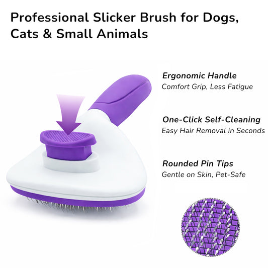 Self-Cleaning Pet Slicker Brush with Quick Release Button – Gentle Deshedding & Dematting Grooming Tool for Dogs & Cats, Stainless-Steel Pins with Rounded Tips, Comfortable Non-Slip Grip Handle