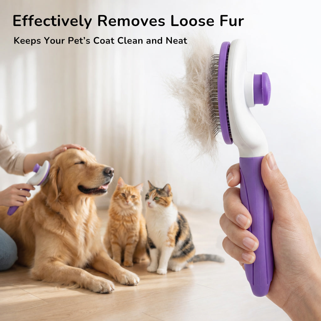 Self-Cleaning Pet Slicker Brush with Quick Release Button – Gentle Deshedding & Dematting Grooming Tool for Dogs & Cats, Stainless-Steel Pins with Rounded Tips, Comfortable Non-Slip Grip Handle