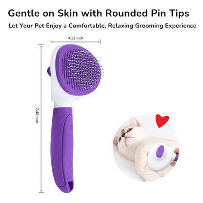 Self-Cleaning Pet Slicker Brush with Quick Release Button – Gentle Deshedding & Dematting Grooming Tool for Dogs & Cats, Stainless-Steel Pins with Rounded Tips, Comfortable Non-Slip Grip Handle