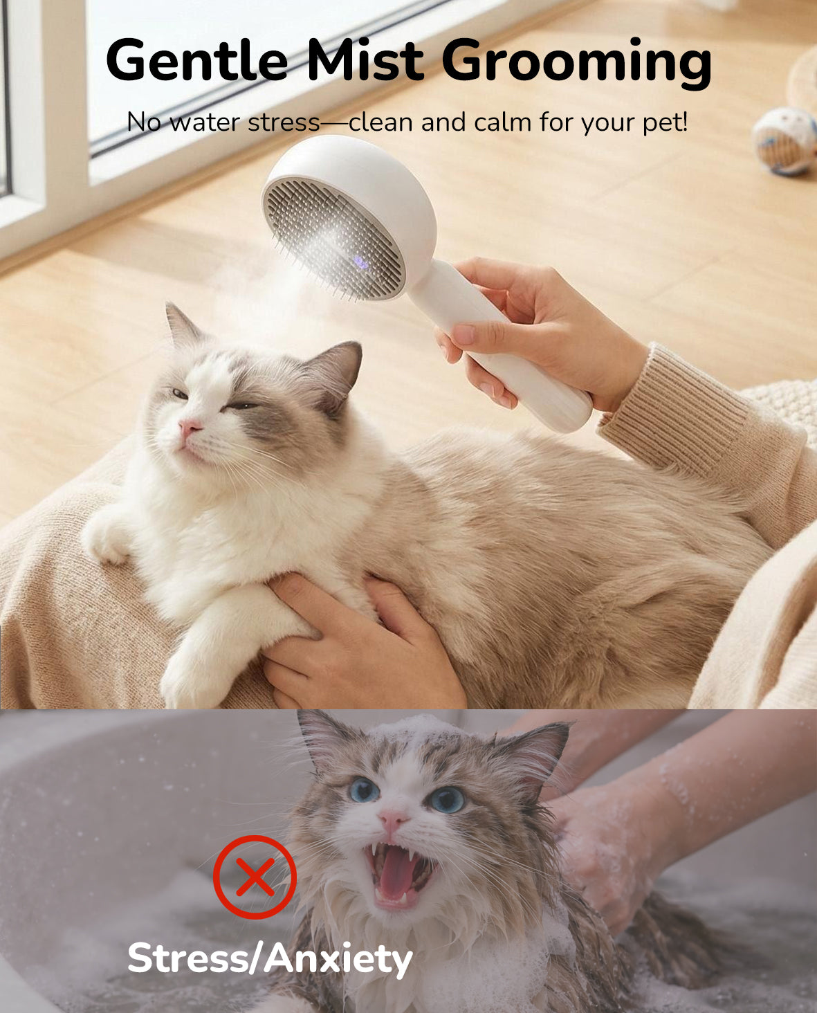 Fido Fave Press-to-Spray Mist Anti-Static Detangling & Smoothing Refillable Water Tank Grooming Brush for Dog & Cats, Grey