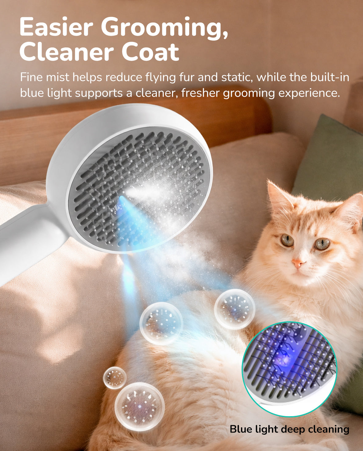 Fido Fave Press-to-Spray Mist Anti-Static Detangling & Smoothing Refillable Water Tank Grooming Brush for Dog & Cats, Grey