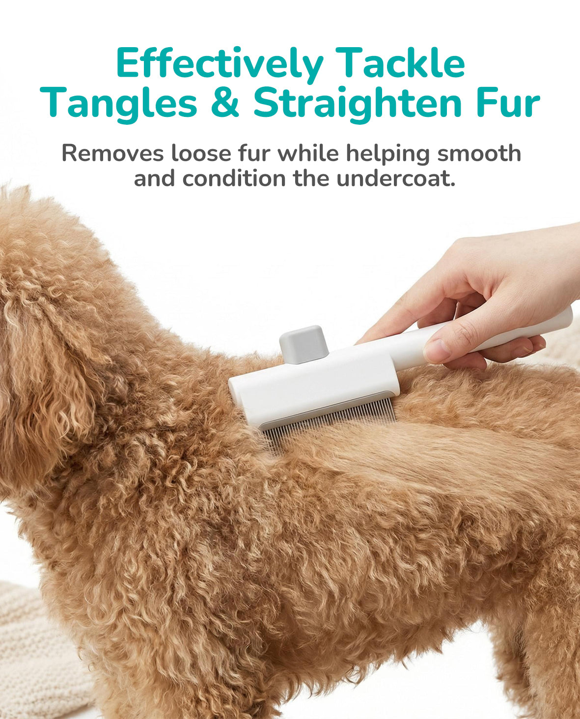 Fido Fave Self-Cleaning One-Button Hair Release Deshedding Comb with Comfortable Handle for Dogs & Cats, White