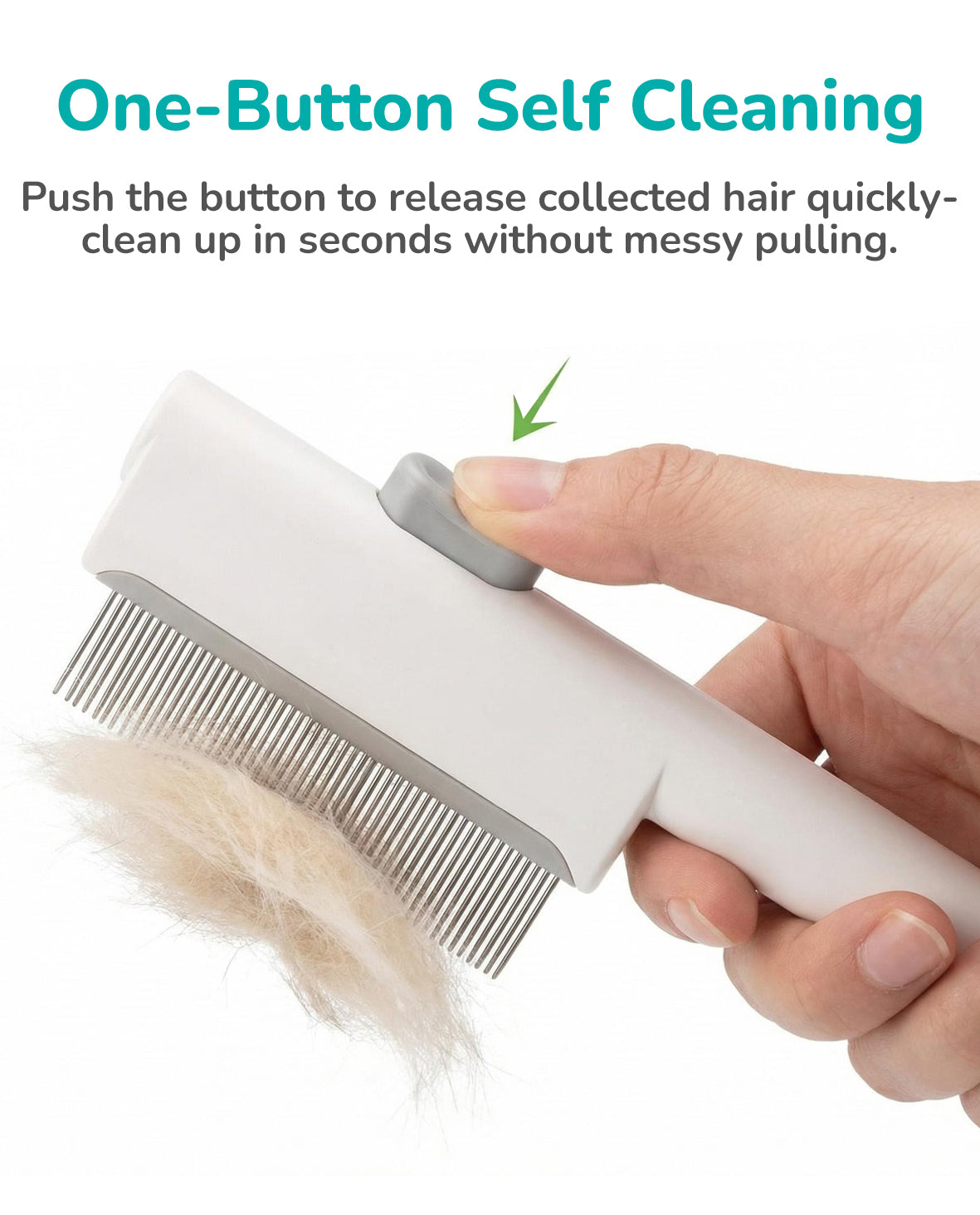 Fido Fave Self-Cleaning One-Button Hair Release Deshedding Comb with Comfortable Handle for Dogs & Cats, White